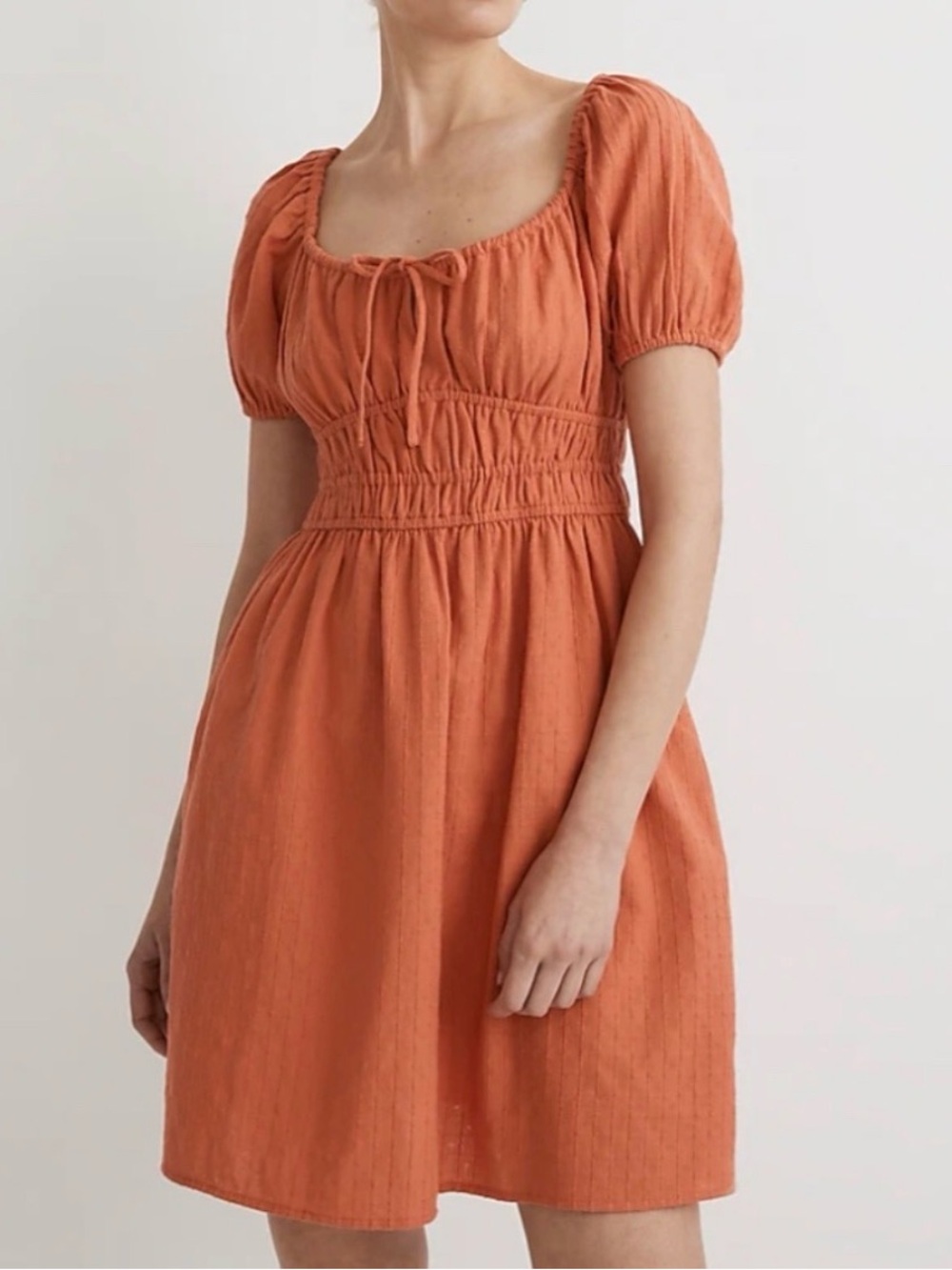 Madewell Rust Orange Puff-Sleeve Smocked Mini Dress